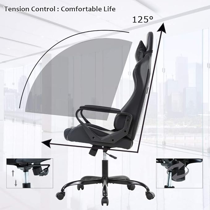 Gaming Chair with Lumbar Support High-Back Office Chair for Adults with Ergonomic Computer Racing Chair PU Desk Task Chair with Support Flip Up Arms Headrest Black
