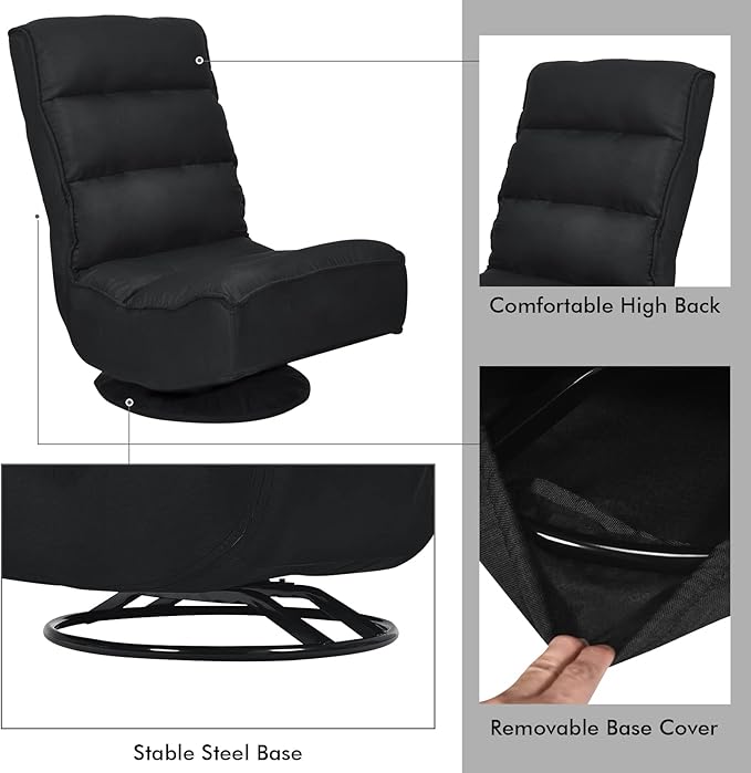 COSTWAY Folding Floor Chair Adjustable 5-Position Video Gaming Chair with 360 Degree Swivel Detachable Cover Padded Backrest Multipurpose Living Room Floor Lounger for TV Reading Playing (Black)