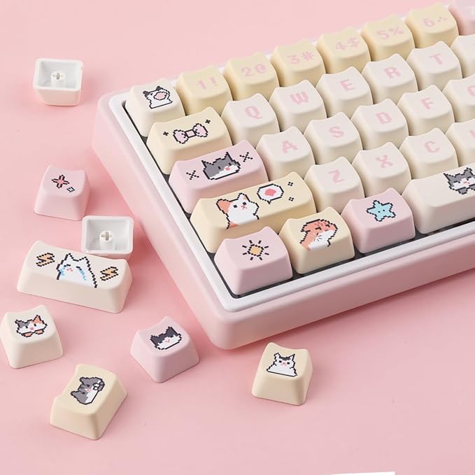 PBT Keycaps 132 Keys Pixel Cat Keycaps Dye-Sublimation Cute Keycap Mao Profile Custom Keycap for Cherry Gateron MX Swithes Mechanical Gaming Keyboards