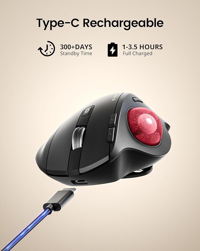 ProtoArc Wireless Trackball Mouse EM01 NL Ergonomic Bluetooth Rollerball Thumb Rechargeable Computer Laptop Mouse Adjustable Angle &amp 3 Device Connection for PC Mac Windows-Red Ball