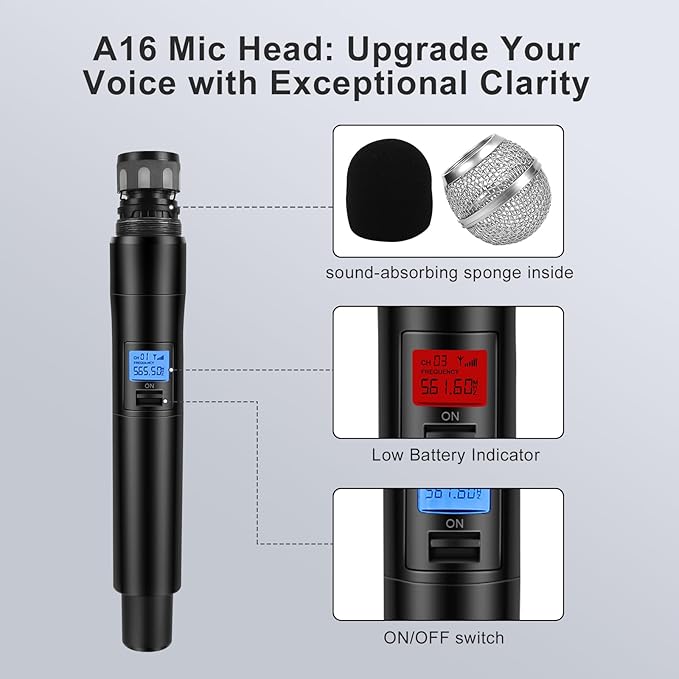 Wireless Microphone System Dual UHF Metal Cordless Mic Set Long Distance 150-200Ft16 Hours Continuous Fixed Frequency Use for Karaoke Singing Family PartyChurch (CH.01&amp02)