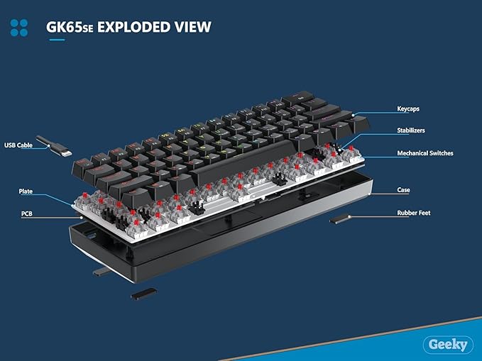 Geeky GK65 SE 65% | Mechanical Gaming Keyboard | 68 Keys Multi Color RGB LED Backlit for PC/Mac Gamer | ANSI US American Layout (White Mechanical Brown)