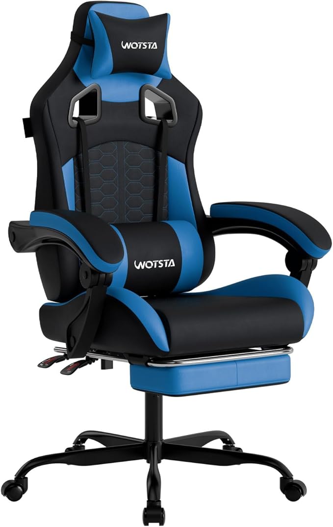 Gaming Chair with Footrest Gaming Chairs PVC Leather Ergonomic Office Gamer Chair Headrest Lumbar Support Racing Style Video Gaming Chair for Office (Black Blue)