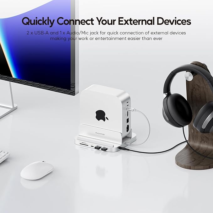 Mac mini M4 Dock with 4TB M.2 SSD Enclosure 8-in-1 Aluminum Vertical USB-C Hub for Mac mini M4 Pro Hub Stand with USB-A/C 3.2 10Gbps 2xUSB-A 2.0 3.5mm Audio SD/TF (SSD NOT Included)