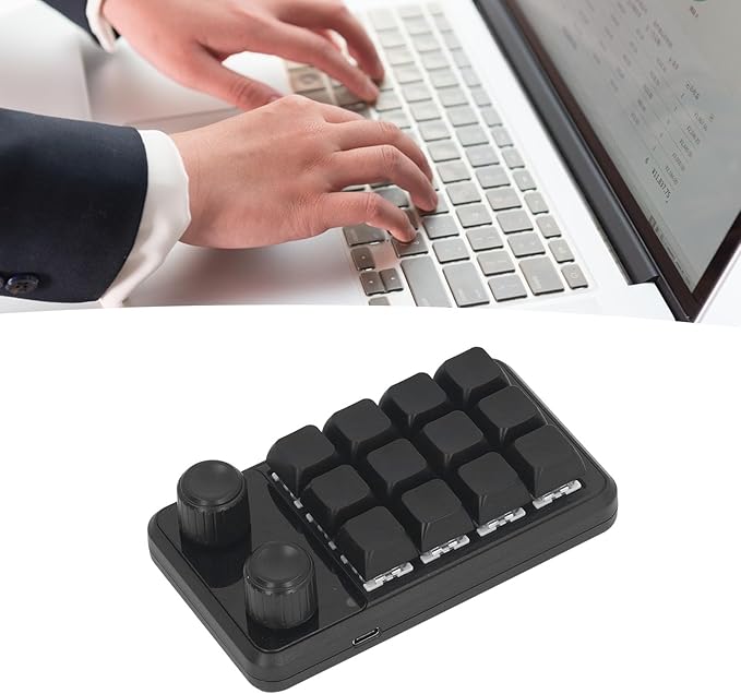 Hyuduo Mechanical Gaming Keyboard Mini Gaming Keypad 12 Keys 2 Knobs Blue Switch Black Color RGB Light Customizable Programming for Gaming Office Music Media Industrial Control