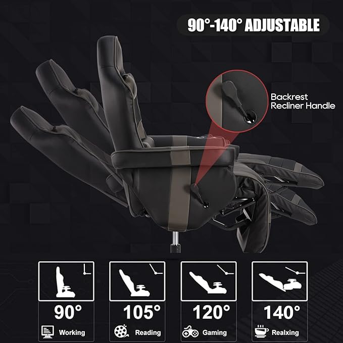 Gaming Chairs for Adults Reclining Gaming Chair with Footrest Massage Video Gaming Recliner Chair w/Adjustable Height Swivel Game Chair with Lumbar Support Side Pouch