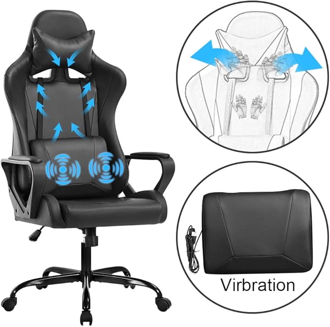 Racing Style Gaming Chair Office Chair High Back Computer Chair Leather Desk Chair Ergonomic Executive Chair Adjustable Video Game Chair Swivel Task Chair w/Headrest and Massage Lumbar Support Black