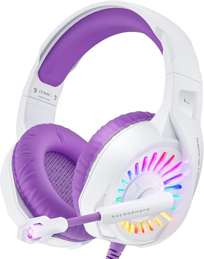 ZIUMIER Purple Gaming Headset with Microphone Compatible with PS4 PS5 Xbox One PC Laptop Over-Ear Headphones with LED RGB Light Noise Canceling Mic Stereo Surround Sound (Purple)