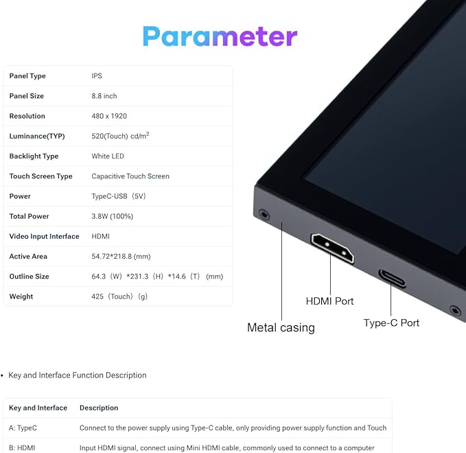 8.8 Inch Touchscreen Computer Secondary Screen 1920x480 FHD IPS LCD Display for PC Case AIDA64 CPU GPU Temperature Monitor for Raspberry Pi