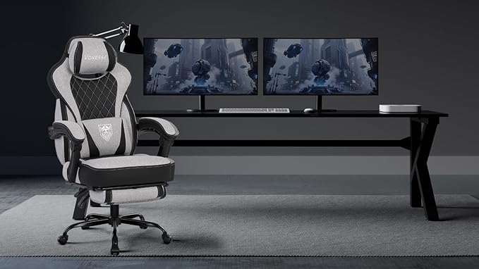 Vonesse Gaming Chair Reclining Fabric Gaming Chairs for Adults 250LBS Office Chair with Pocket Spring Cushion Computer Chair with Footrest and Massage Lumbar Support (Light Gray)