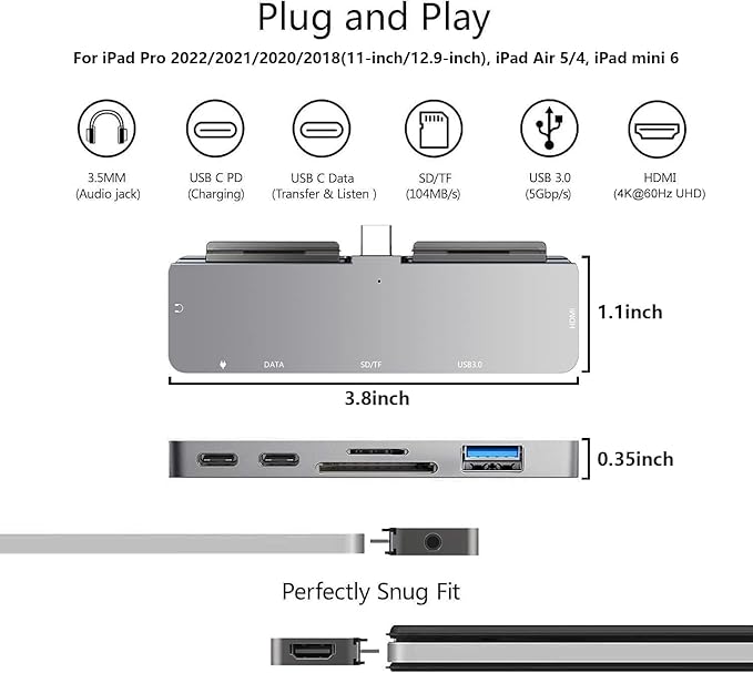 iPad Pro M4/M2/M1 13/11/12.9 iPad Air 5 7 in 1 Adapter - 4K 60Hz HDMI 3.5mm Headphone Jack USB3.0 USB C PD Charging &amp Data SD/Micro SD Card Reader