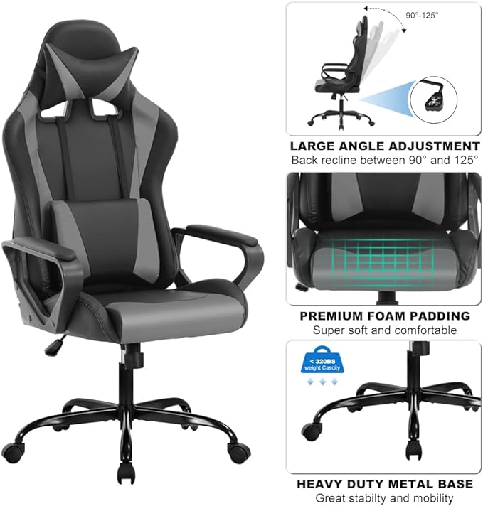 High Back Gaming Chair PC Computer Chair Office Chair for Adult Teen Kids Ergonomic PU Leather Game Chair w/Lumbar Support Headrest Adjustable Rolling Swivel Desk Chair Grey