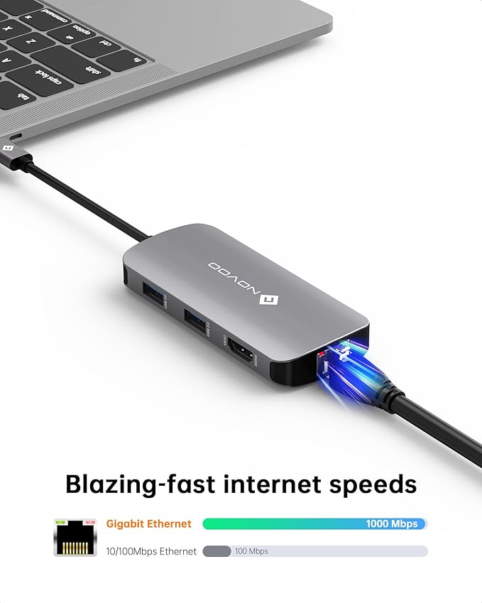 NOVOO USB C Hub Ethernet 4K@60 USB C HDMI Adapter Multiport Type C Adapter 4 USB 3.0 &amp USB2.0 Dongle 100W PD Dock Docking Station for MacBook Pro Air Apple iPad Pro Steam Deck Dell HP Lenovo 7-in-