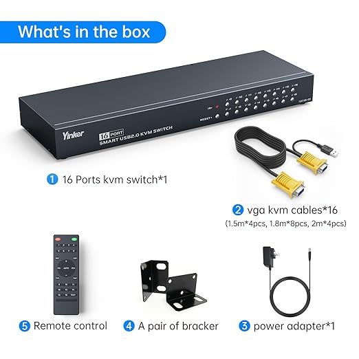 16 Port KVM Switch VGA Rack Mount KVM Console VGA 16x1 w/16-Pack KVM Cables IR Remote &amp Rack Mount Ears Support HD 1U 19'' Rack Cabinet