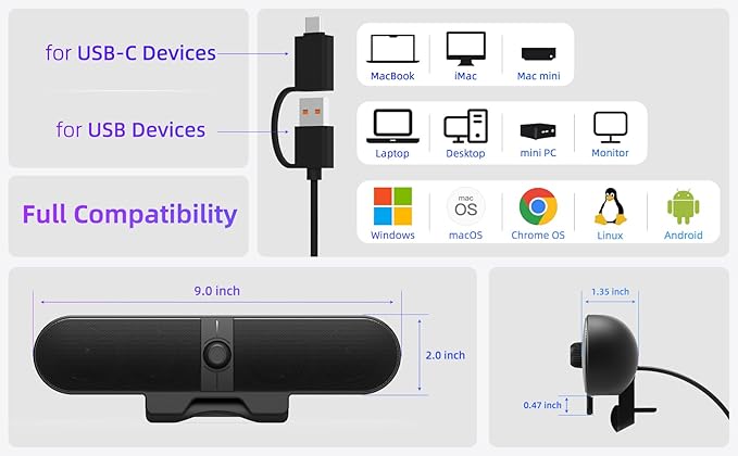 Computer Speakers for Desktop PC Monitor Speakers with Easy Volume Knob Sturdy Clamp Clear Sound Decent Bass USB Plug in External Speakers for Laptop Small PC Soundbar USB-C Adapter 5Ft Cable