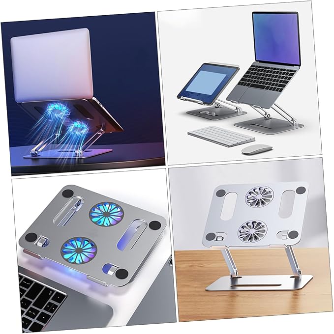 Adjustable Aluminum Alloy Laptop Cooling Stand with Dual Fans Quiet Ventilated Cooler Pad for Gaming and Office Notebooks Foldable Height-Adjustable Silver Cooling Rack