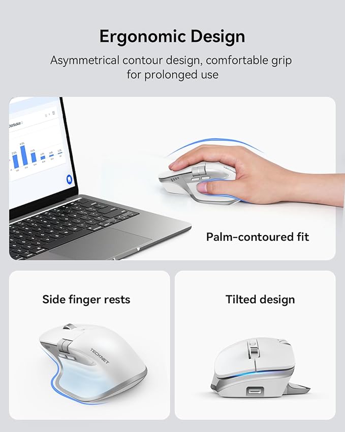 TECKNET Wireless Mouse Bluetooth Mouse (BT5.3/5.0 &amp 2.4G) Rechargeable Ergonomic Optical Mouse with 6 Adjustable DPI Side Scroll Quiet Clicks USB A Receiver 7 Buttons Wide Compatibility - Wh