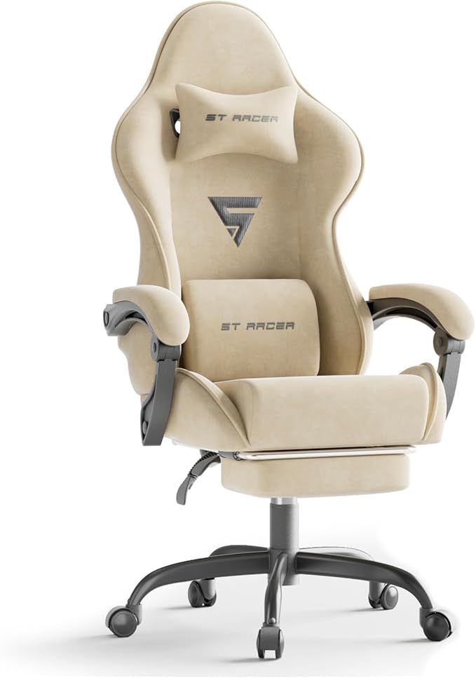 Ferghana Velvet Fabric Ergonomic Gaming Chair with Footrest and Massage High Back Reclining Computer Gamer Chair for Adult Racing Style PC Video Game Chair Suitable for Home Office (Beige)