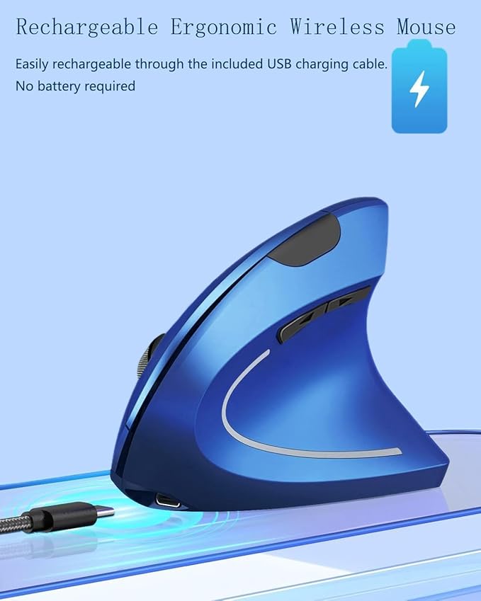 Ergonomic Mouse Wireless Rechargeable Mouse Silent for Carpal Tunnel Right Hand 2.4GHz USB Vertical Mouse Wireless for Laptop etc 3 Adjustable 800/1200/1600 DPI Blue