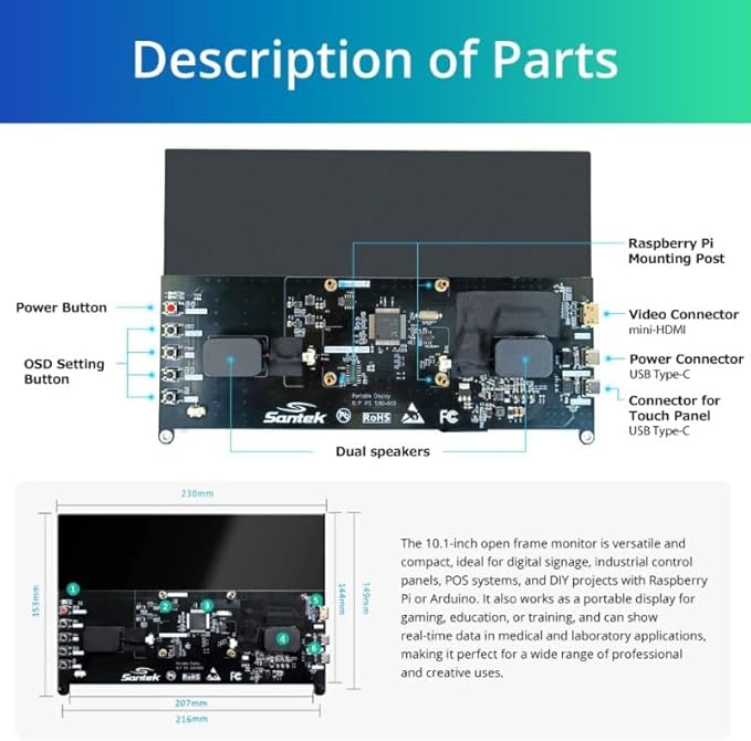 Santek] Open Frame Touch Screen Monitor 10.1-inch – 500 cd High Brightness IPS HDMI Built-in Speakers SOF01010A1B for Raspberry Pi 4/3/2/1 Zero Jetson Nano Mountable