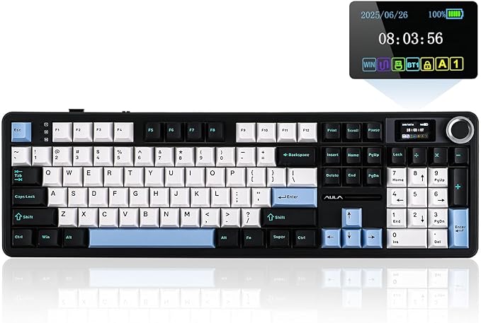 EPOMAKER X Aula F108 PRO Wireless Gaming Keyboard with Screen 8000mAh Battery 104 Hot-Swappable and Programmable Keys and Knob RGB Backlight for Mac/PC/Android (Blue&ampWhite&ampBlack)