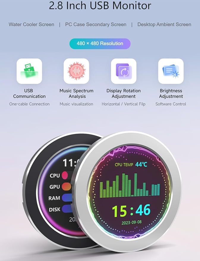 2.1 USB Monitor Water Cooler Case - Desktop RGB Ambient Screen 480480 Resolution IPS Panel Music Spectrum Analysis Dynamic Theme Editor Silver