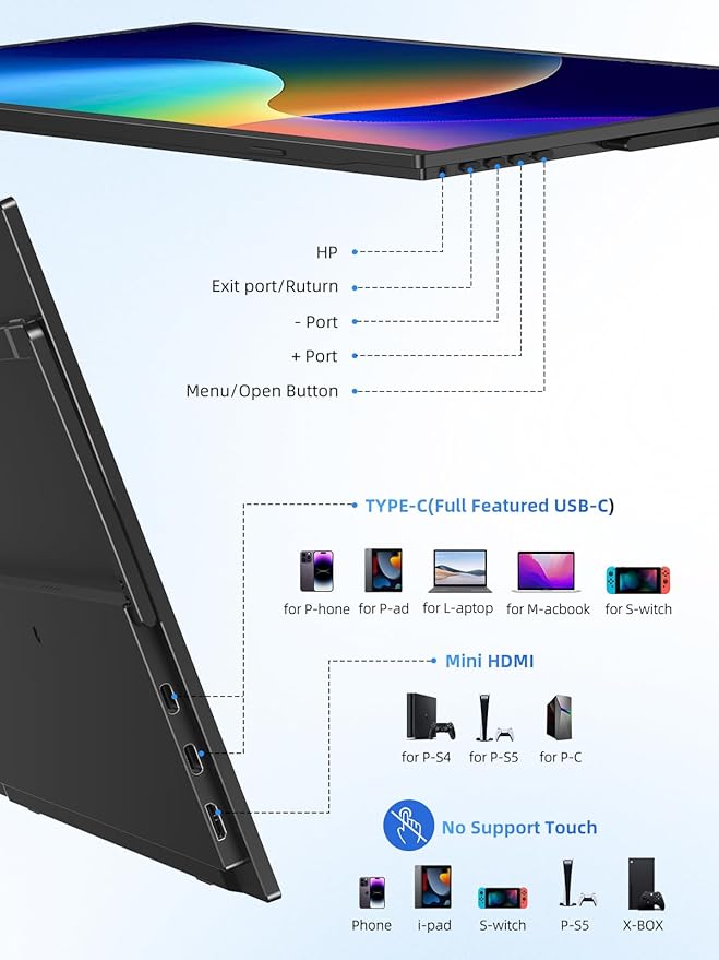 UPERFECT 15.6 Touchscreen Portable Monitor | 1080P IPS Matte Screen Ultra-Thin Travel Monitor with Adjustable Stand | HDMI USB-C External Display for Laptop Phone Mini Host Game Console