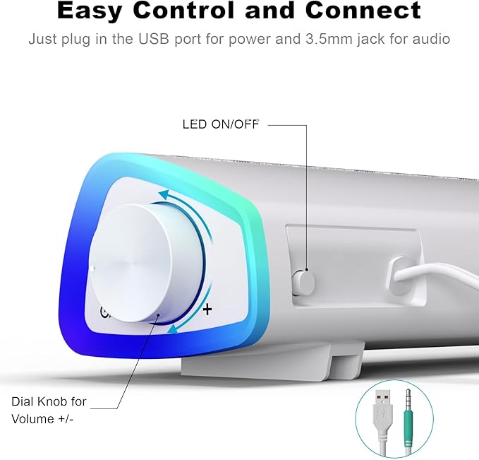 SOULION R30 Computer Speakers USB Powered 3.5mm AUX Small PC Speaker Colorful LED Lights with Switch Button Surround Sound Bar Speaker for Desktop Laptop White