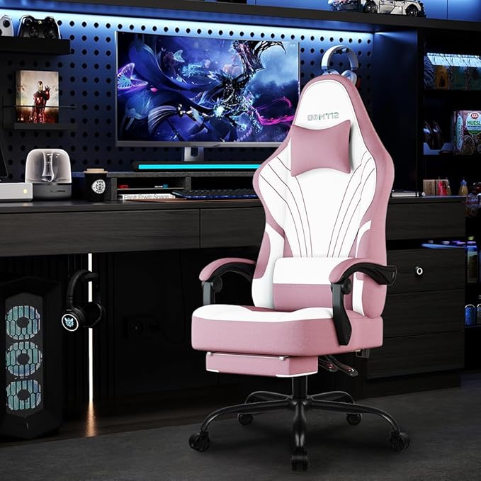 Gaming Chair Fabric Ergonomic Computer Chair with Footrest Video Gamer Chair with Pocket Spring CushionLinkage Armrests and Headrest Lumbar SupportSwivel Height Adjustable Office Chair for Adults