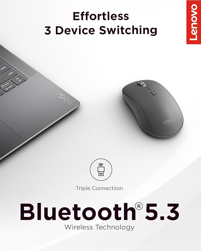 Lenovo Yoga Bluetooth Silent Mouse 3 Level DPI Adjustment 36 Month Battery Life Bluetooth 5.3 3 Device Paring Whisper Quiet Programmable Buttons Smooth Finish Luna Grey