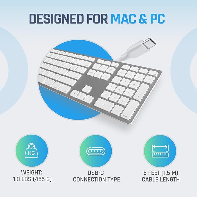 Matias Wired USB C Keyboard for Mac with Numeric Keypad - Mac Keyboard Compatible with Mac OS X v.10.6.8 MacBook Pro MacBook Air iMac - Latest Version Supported - (Silver)