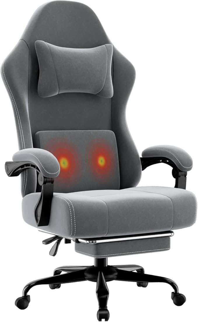 Ergonomic Gaming Chair Video Game Chair with Massage Lumbar Support and Footrest Height Adjustable Fabric Computer Chair with Pocket Spring Cushion