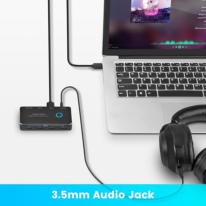 RSHTECH USB 3.0 Switch Selector Aluminum with 4 USB-3.0 Ports 3.5mm Audio Jack 2 Computers Sharing 5 Peripheral Devices USB KM Switcher hub with 2 USB Cable for Keyboard Mouse Printer