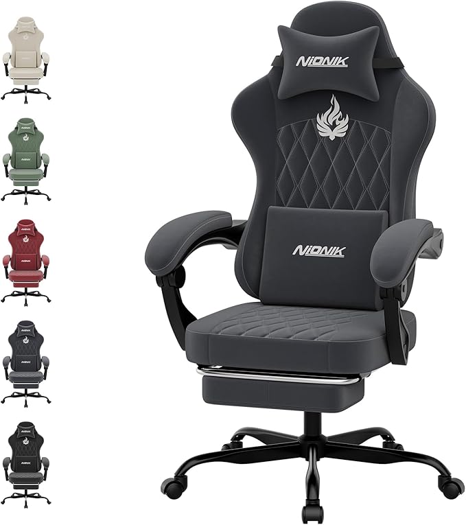 Ergonomic Gaming Chair Video Gamer Chairs Gaming Computer Chairs Gamer Chairs for Adults Massage Lumbar Support Swivel Height Adjustable Headrest Backrest Grey