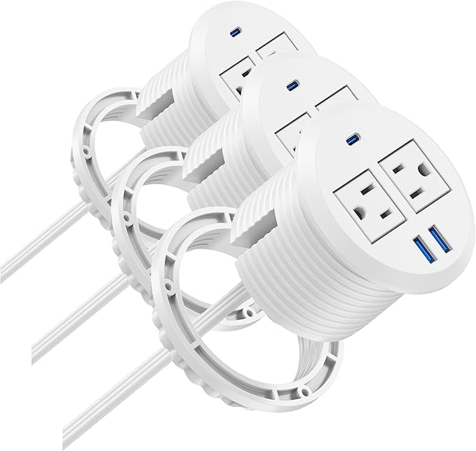 Jgstkcity 2-in-1 Desktop Power Grommet with USB-C Output 125V 12A 2 AC Outlets 3 USB Charging Ports White (Pack of 3)