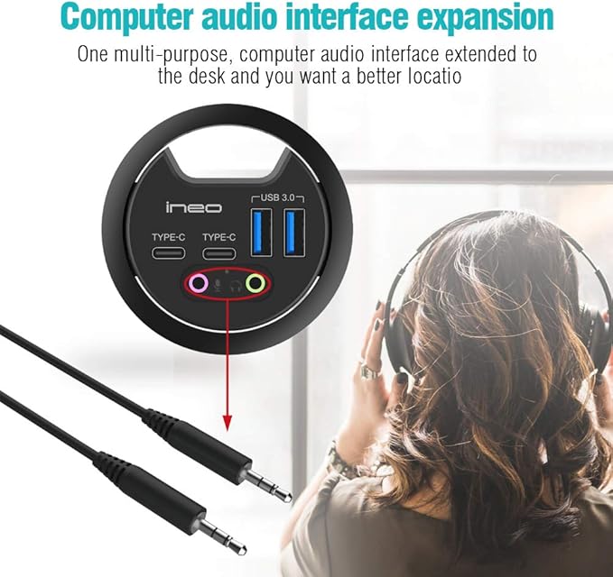 ineo Grommet Desk-Fit (Diameter 2.3 to 2.4) 2Type A + 2Type C with 3.5mm Audio Mic Jack + 3.2 Expandable case (Power is not Included)[THC06 - VI Plus]