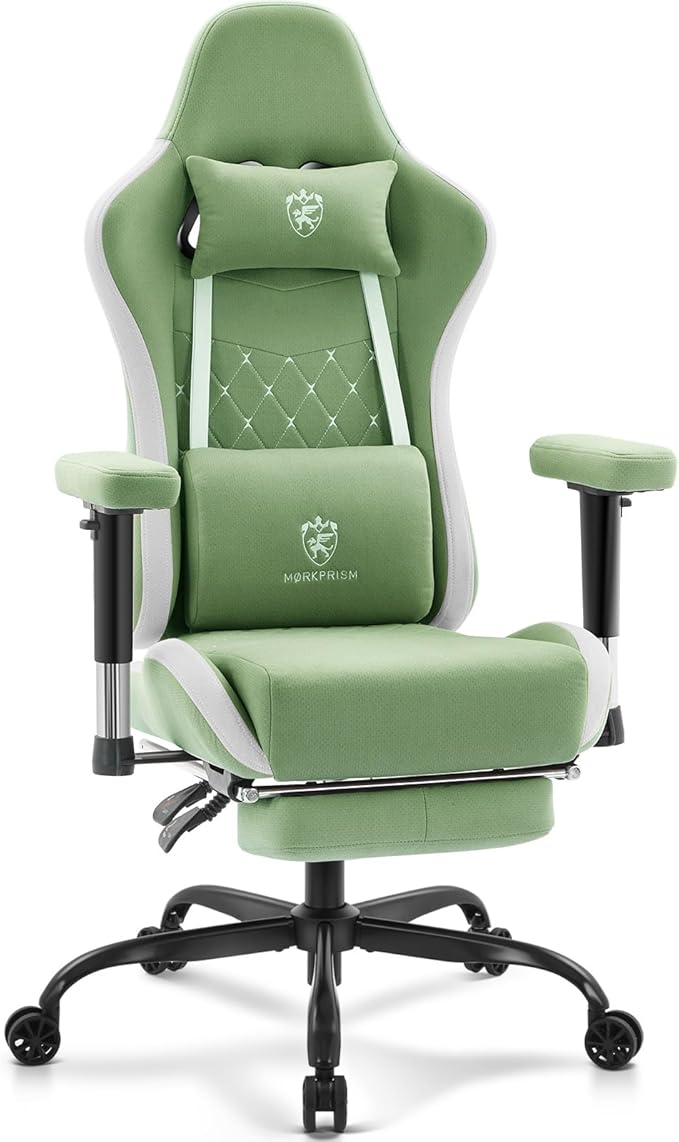 Gaming Chair Breathable FabricComputer Office Chair with FootrestMassage Lumbar Support and Gel PadErgonomic Reclining Gamer Chair with Adjustable Armrests and Spring Cushion Green