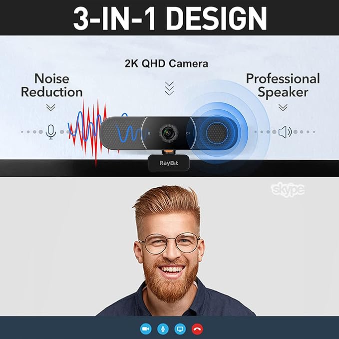 3 in 1 Webcam - 2K HD USB C Webcam with Microphone and Speaker Stereo Sound &amp Noise-Cancelling Mics Privacy Cover Light Correction Autofocus Conference Web Camera for Computer/Laptop/PC/Monito
