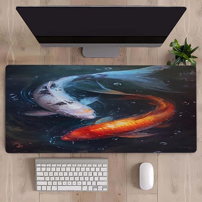 Red White Fish Large Mouse Pad Gaming Mousepad Desk Mat for Desktop Computer Keyboard Waterproof Mouse Mat Desk Pad with Non-Slip Base for Game School Office Home 35.4 x 15.7