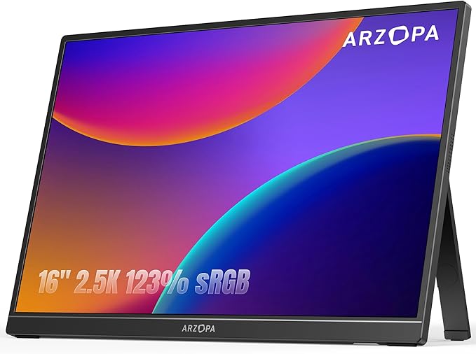 ARZOPA 16 2.5K Portable Monitor 2560x1600 QHD IPS Display 123% sRGB with Built-in Stand USB-C HDMI Eye Care External Second Screen for Mac Laptop Phone PS4/5 Xbox Switch -Z1RC