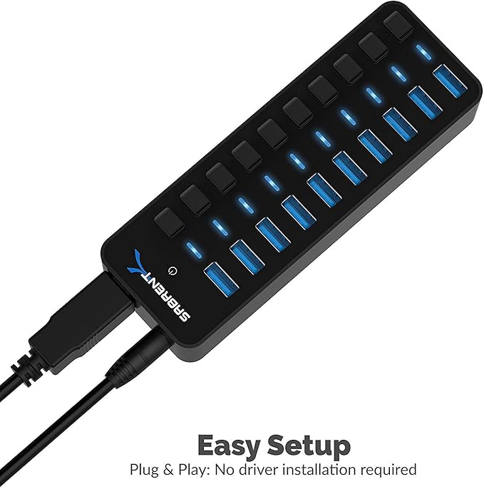 SABRENT 10-Port 60W USB 3.0 Hub with Individual Power Switches and LEDs Includes 60W 12V/5A Power Adapter (HB-BU10)