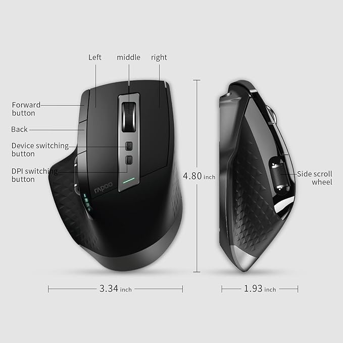 Rapoo Bluetooth Wireless Mouse 4 Adjustable DPI Rechargeable Multi-Device (3 Bluetooth+USB) Programmable Ergonomic Mouse with Side Roller Laser Mouse for Laptop Desktop PC
