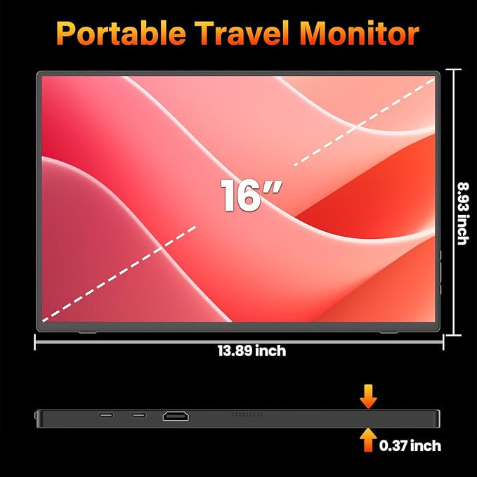 Portable Monitor 16 inch 2K QHD 2560X1600 450 Nits 106% sRGB 144 Hz HDR HDMI USB-C Travel Monitor for Laptop Mac PC Surface PS5 Xbox External Display with Cover &amp Speakers VESA Compatible