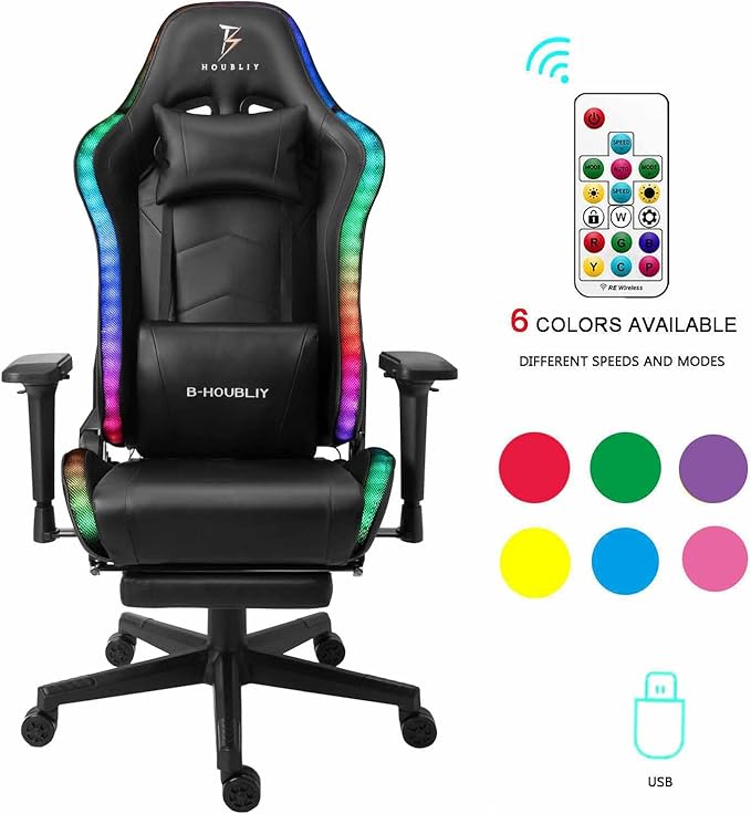 TBQATNTS LED Gaming Chair with Massage High Back PU Video Game Chair with Speakers Adjustable Lumbar Support and Headrest Reclining Computer Gaming Chair for AdultsBlack