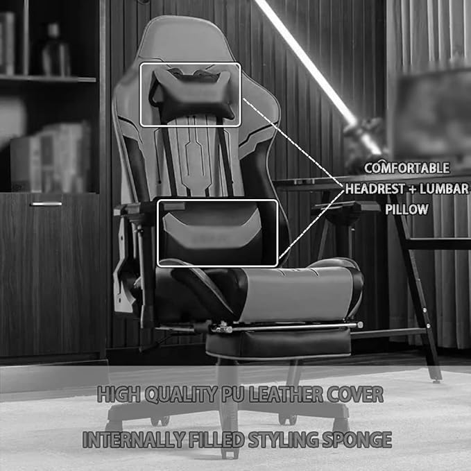 Gaming Chair with Footrest Ergonomic Wrapping Comfortable Gamer Chair Home Lift Rotate Reclining Racing Chair Load Bearing 200kg/440.9lbs (Color : Black Size : 122-133 * 40.5cm)