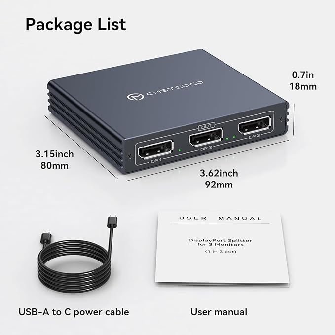 DisplayPort Splitter 3 Monitors 4K60Hz DP Splitter Extended Display 1 in 3 Out DisplayPort to Triple DP for PC Monitor (Mac OS Does Not Support MST Display Port Cable Not Included)