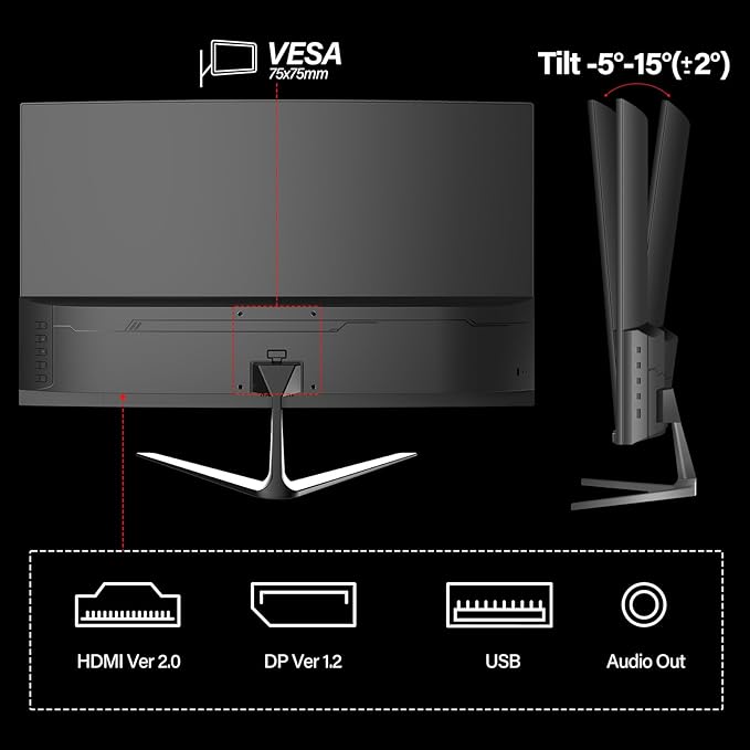 Gawfolk 25 Inch Gaming Monitor 144hz/180hz Computer Monitor FHD 1080P PC MonitorsFrameless Curved Monitors VAsRGB 100% DisplayPort HDMIEye Care Wall Mount Compatible (Black)