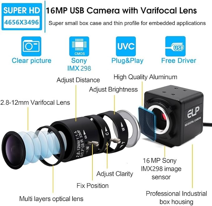 USB Camera 16 Megapixes High Resolution 5K USB Webcam with CS Mount 5-50mm Manual Varifocus Lens Close UP OpenCV Camera Free Driver Plug and Play for Windows Linux Laptop Jetson Nano