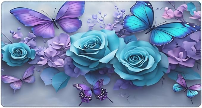 Purple Butterfly Blue Rose Desk Cover MatExtended Large Mouse PadComputer Laptop Mat Desk Decor for Office Game Home 30x16 Inch