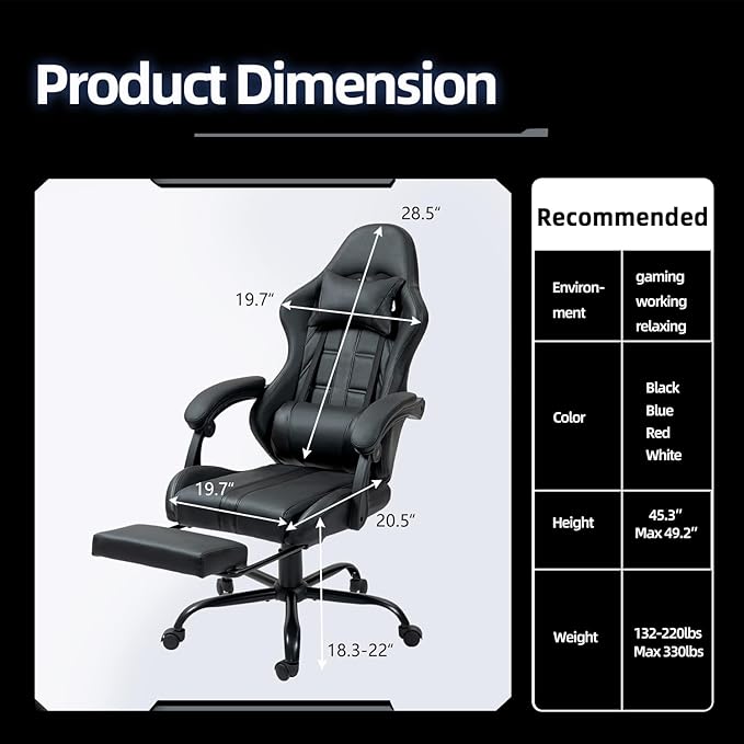 ECOTOUGE Massage Gaming Chair Video Game Chair with Footrest Ergonomic Computer Chair with Headrest and Massage Lumbar Support Height Adjustable High Back Office Desk Chair with 360° Swivel Black